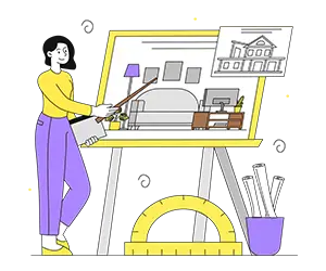 Illustration of a designer at a drafting table creating an interior room layout with furniture, a floor plan, and a large protractor.