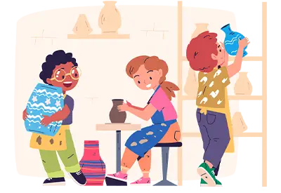 Illustration of three children at a pottery studio, carrying and molding clay pots.