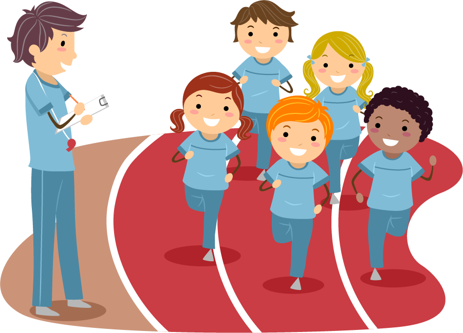 A cheerful illustration of a coach encouraging children running.