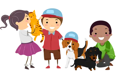 Cartoon children and pets, including a girl holding a cat, a boy with a dog, and another boy sitting with a small black dog.
