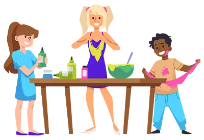 Cartoon of three people chatting and holding drinks around a kitchen counter.