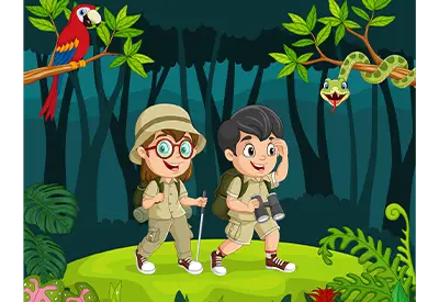 Cartoon of two young hikers in a jungle clearing, with a parrot on a branch and a snake hanging from a tree.
