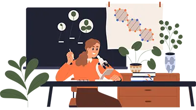 Illustration of a scientist using a microscope at a desk with charts and a DNA model in the background.