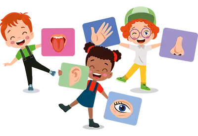 Cartoon children smiling and waving, surrounded by icons of the five senses (tongue, ear, eye, and nose).