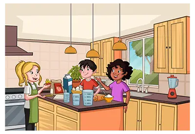 Cartoon of three kids preparing food together at a kitchen island with ingredients and utensils.