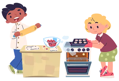 Cartoon of two people cooking in a kitchen, with one stirring a pot on the stove and the other preparing food on a counter.