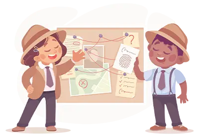 Cartoon of two detectives in hats examining a clue board with notes, a map, and a fingerprint.