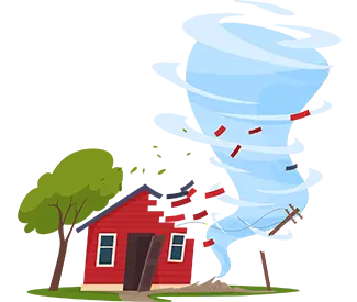 Cartoon tornado hitting a red house near a tree, with debris swirling in the wind.