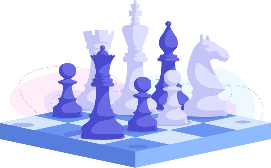 Illustration of a chessboard with various chess pieces, including kings, queens, and knights, in shades of blue and purple.