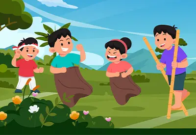 Cartoon of four children playing outdoors in a green field, with three hopping in sacks while another holds a stick nearby.