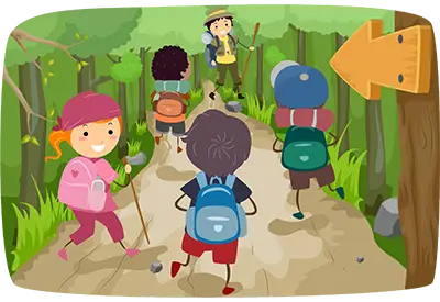 Cartoon of children hiking on a forest trail, following a guide near a wooden signpost.