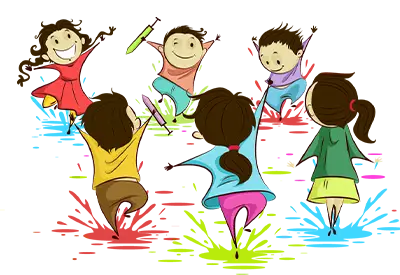 Cartoon of five children jumping and playing together on a colorful background.