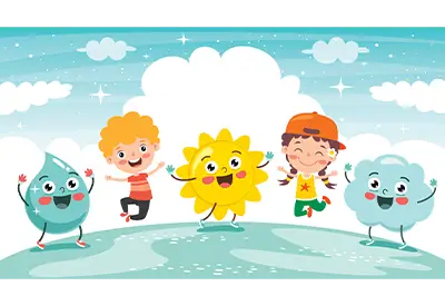 Cartoon children and smiling weather characters dancing together under a cloudy sky.