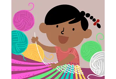 Illustration of a child weaving colorful yarn on a loom, surrounded by balls of yarn.