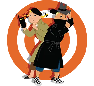 Two cartoon detectives in trench coats and hats holding phones, standing back to back.