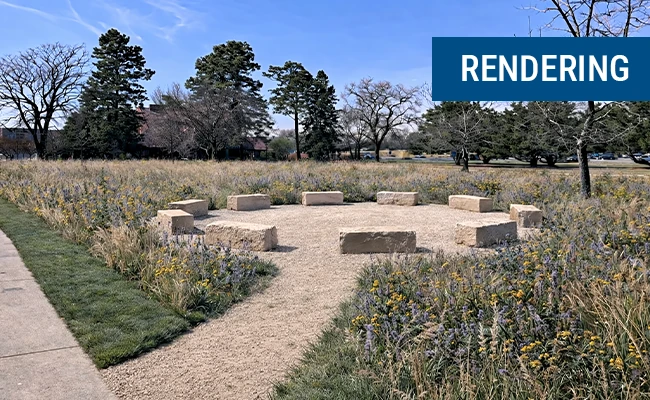 Landscape rendering of a circular gravel gathering area with stone bench blocks, surrounded by prairie grasses and wildflowers in a park setting.