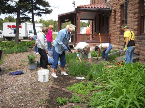 Volunteers doing lawn work