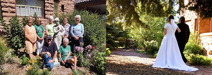 an image of a group of elderly people posing for a photo in the frank house gardens next to an image being escorted next to the frank house