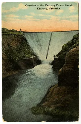 Vintage postcard illustration of the overflow at the Kearney Power Canal in Kearney, Nebraska.