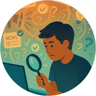 An illustration of a person using a magnifying glass while looking at a laptop, surrounded by question marks and symbols of news and ideas, representing research and inquiry.
