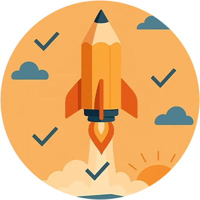 A colorful illustration of a rocket taking off against a light orange background, symbolizing progress and innovation.