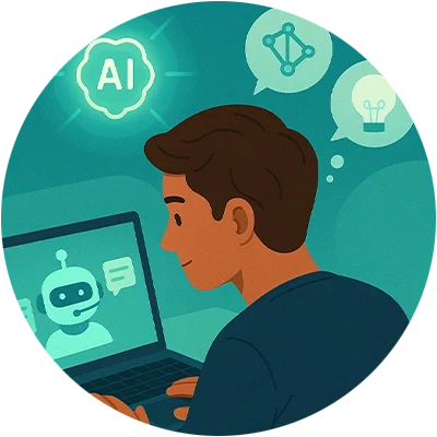 Illustration of a person using a laptop to interact with a chatbot, surrounded by AI-related icons.