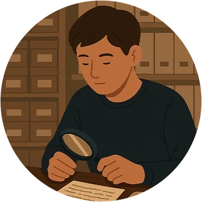 A young man studying a document closely with a magnifying glass in an archival setting.