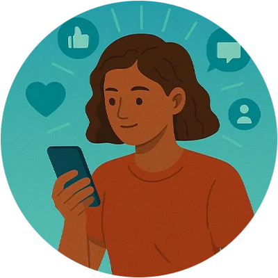 Illustration of a person with brown hair holding a smartphone, surrounded by icons representing social media interactions.