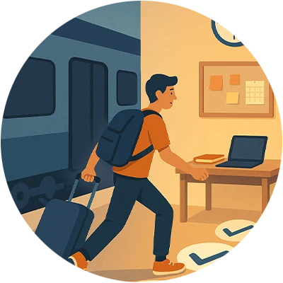 An illustration of a young man pulling a suitcase, heading towards a desk with a laptop and documents, suggesting a journey or travel preparation.