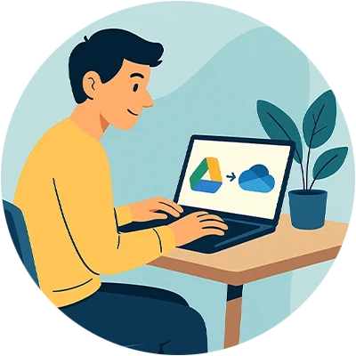 Illustration of a person transferring files from Google Drive to a cloud service using a laptop.