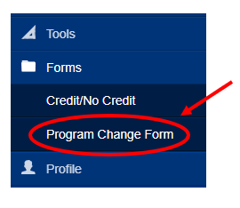 a screenshot of canvas showing the location of the program change form in the left hand menu under forms