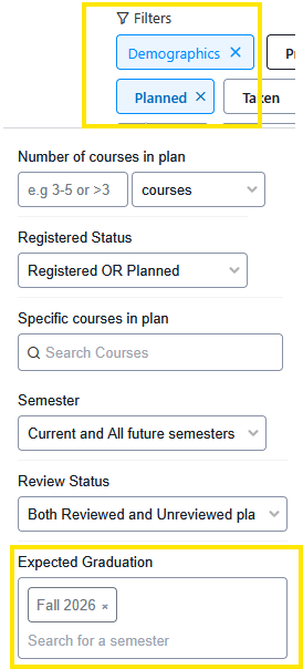 Screenshot of a filter panel with selected chips for Demographics and Planned, and an Expected Graduation field set to Fall 2026.
