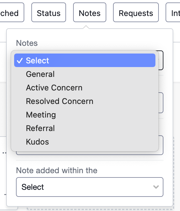 Notes category dropdown menu open with options including General, Active Concern, Resolved Concern, Meeting, Referral, and Kudos.