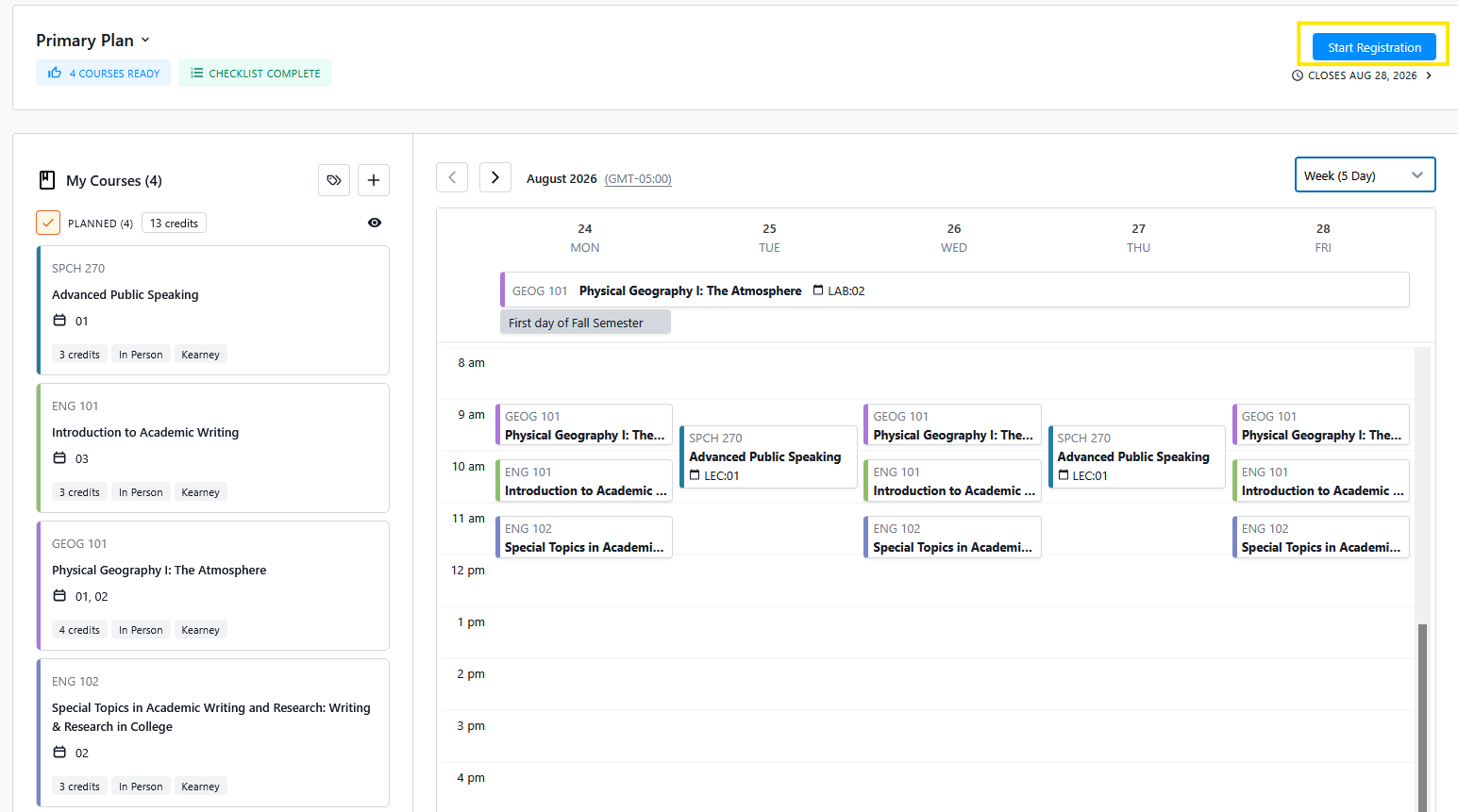 Course planning page showing a weekly schedule for late August 2026 with planned classes listed on the left and a highlighted “Start Registration” button in the top right.
