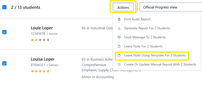 Screenshot of a student list with the Actions menu open, highlighting the option “Leave Note Using Template For 2 Students.”