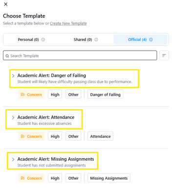 Screenshot of a “Choose Template” page with the Official tab selected, listing Academic Alert templates (Danger of Failing, Attendance, Missing Assignments) with concern and tag labels.