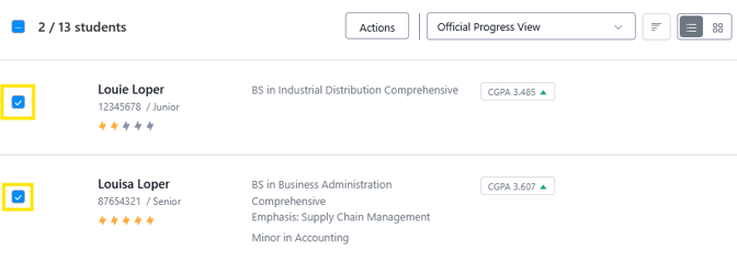 Student progress list showing two selected entries, Louie Loper (junior, CGPA 3.485) and Louisa Loper (senior, CGPA 3.607), with program details and action/view controls at the top.
