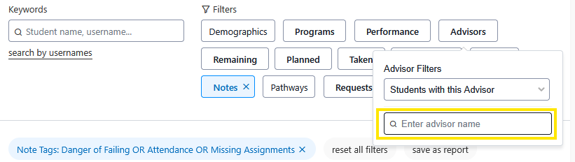 Dashboard filters with an open Advisor Filters dropdown showing a search field labeled “Enter advisor name,” highlighted with a yellow border.