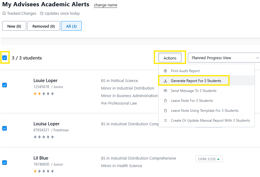 Academic Alerts page showing 3 of 3 students selected, with the Actions menu open and the “Generate Report For 3 Students” option highlighted.