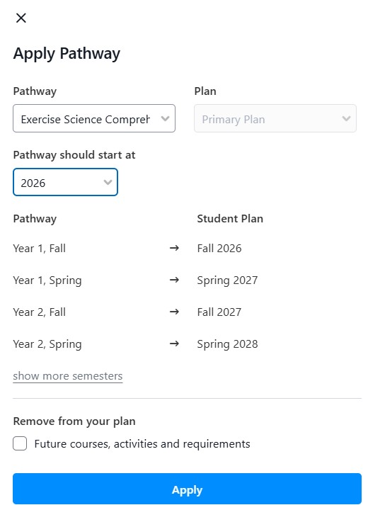 Apply Pathway dialog showing pathway and plan dropdowns, start year set to 2026, and a semester mapping list with an Apply button.