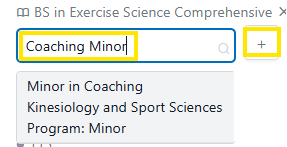 Browser tab showing a search box with “Coaching Minor” entered and a dropdown list of matching program options.