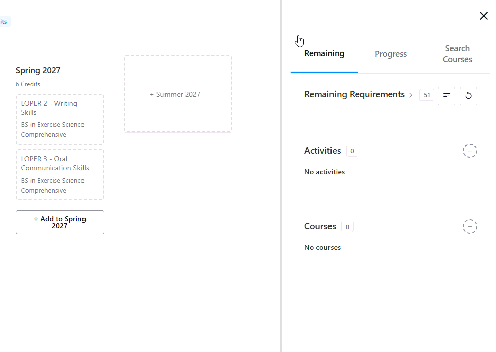Degree planner interface showing Spring 2027 courses on the left and a “Remaining Requirements” panel on the right.