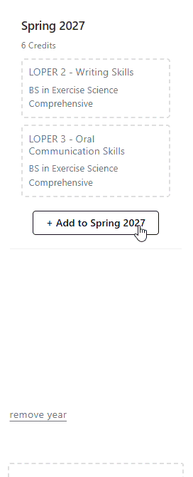 Spring 2027 course selection showing two classes and an “Add to Spring 2027” button.