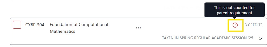 Screenshot example of a remaining required course, CYBR 304 with an alert icon next to “3 credits” and a tooltip stating it is not counted for the parent requirement.