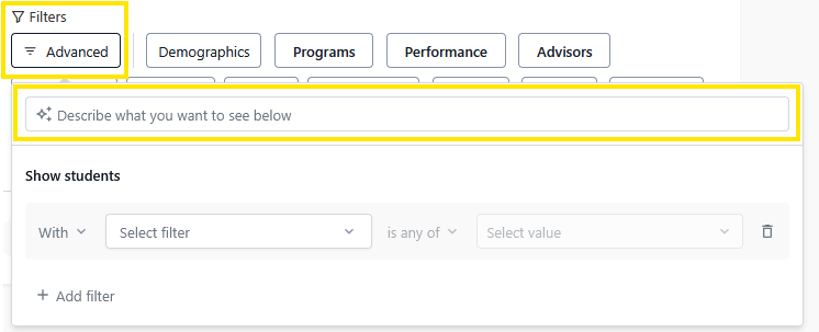 Dashboard filters panel with tabs (Demographics, Programs, Performance, Advisors) and a “Describe what you want to see below” search bar above student filter dropdowns.