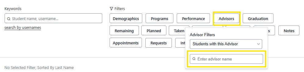 Stellic filters menu with the Advisors tab selected and an “Enter advisor name” search field in the Advisor Filters panel.