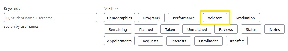 Filter menu with the Advisors tab highlighted.