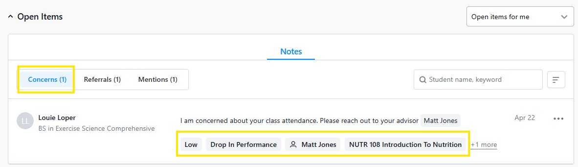 Notes page showing a concern about class attendance, tagged as low priority with the advisor and course listed.