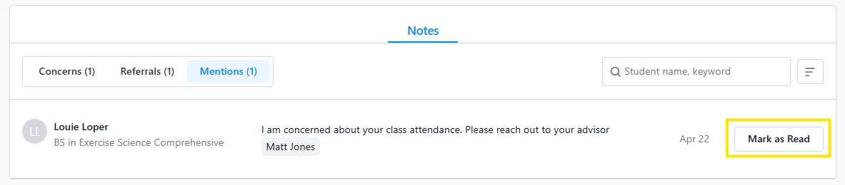 Notes page showing a class attendance concern message and a highlighted Mark as Read button.
