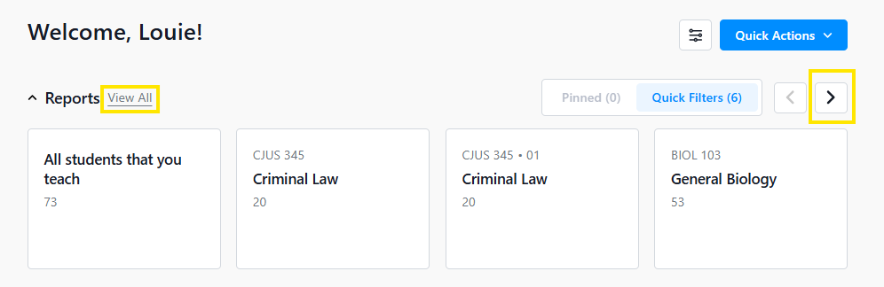 Reports dashboard with course tiles and a highlighted next arrow button to scroll through additional reports.